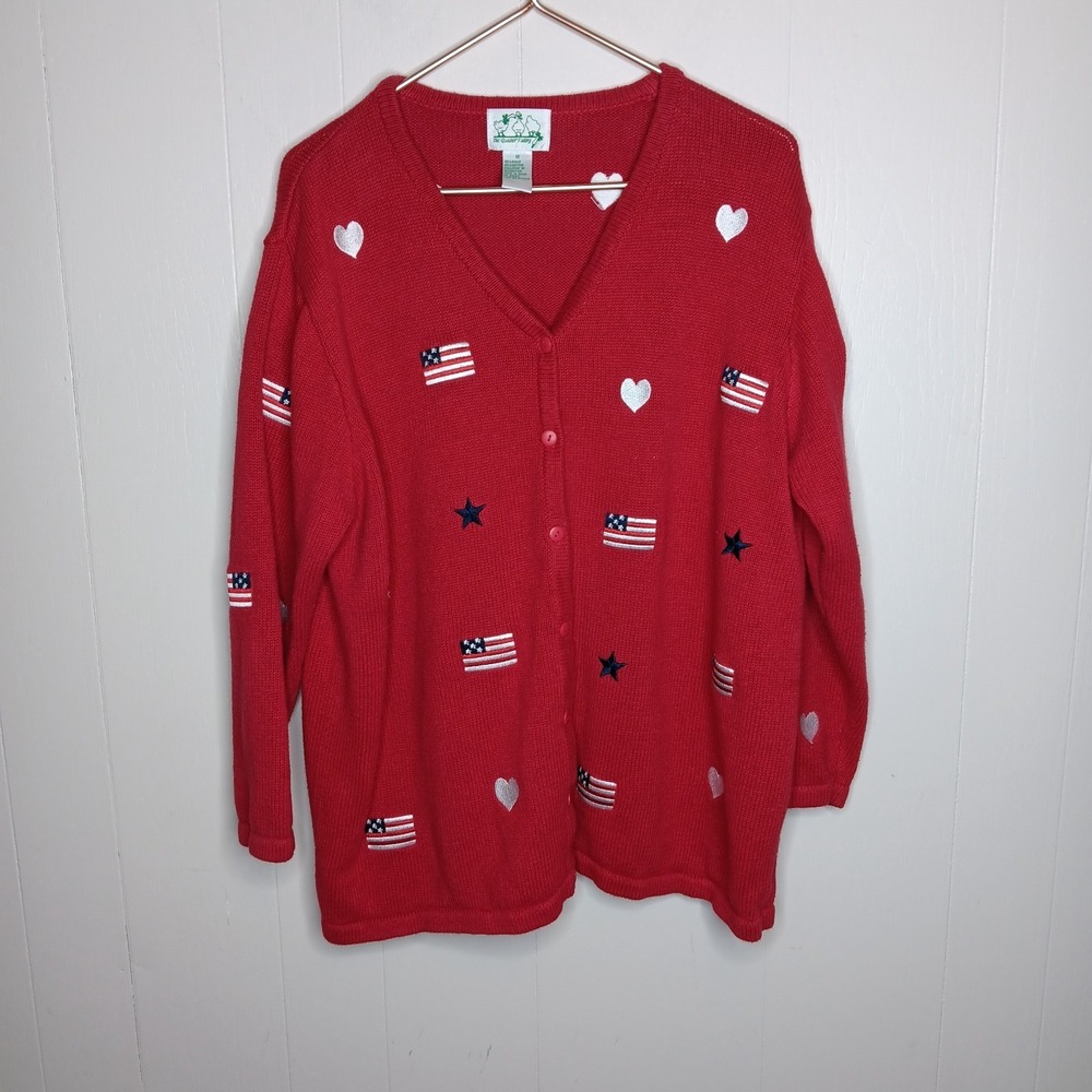 The Quacker Factory Cardigan Womens 1X Red Patriotic Hearts Stars 4th Of July